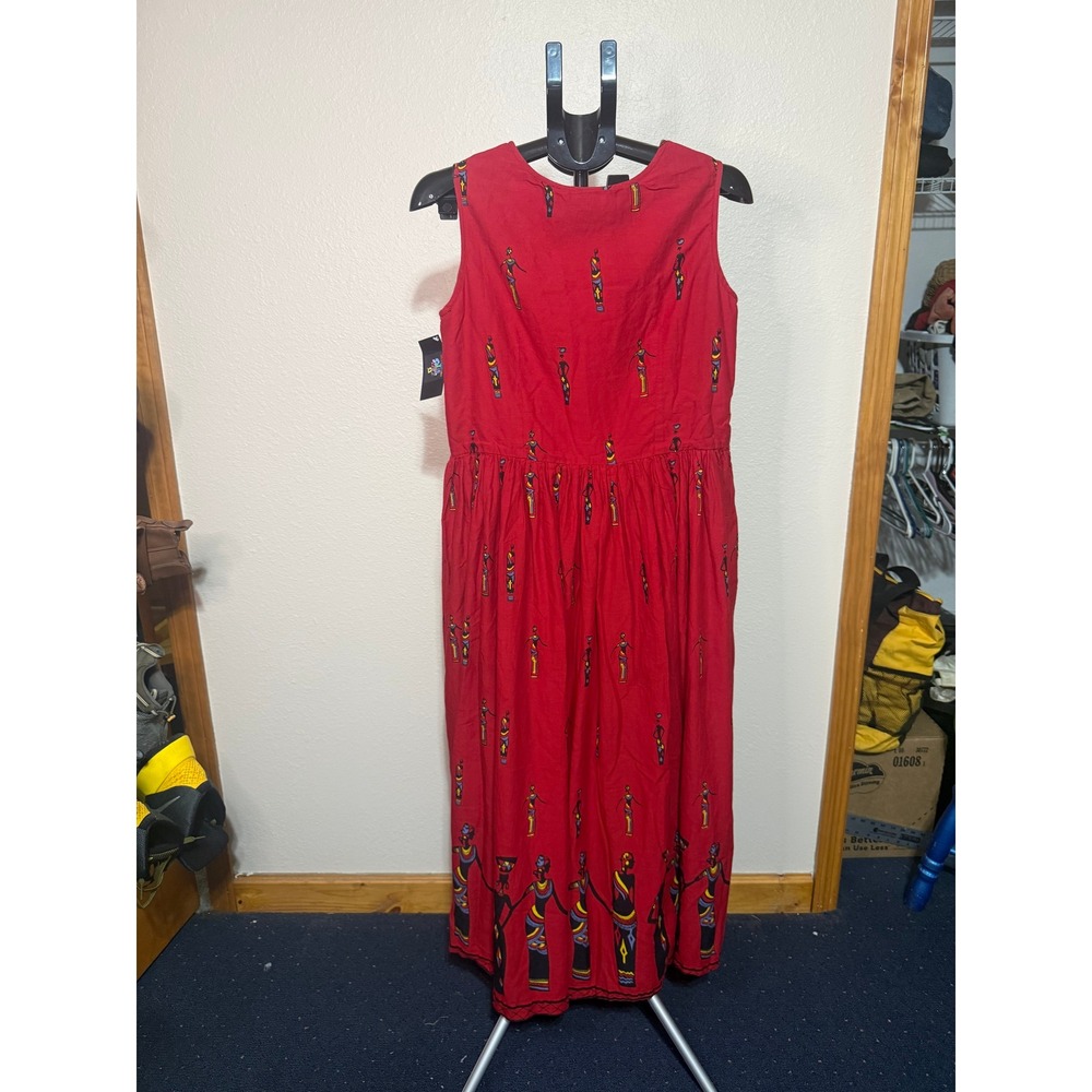 Premier International‎ Red Cotton African Print Sleeveless Midi Dress Small